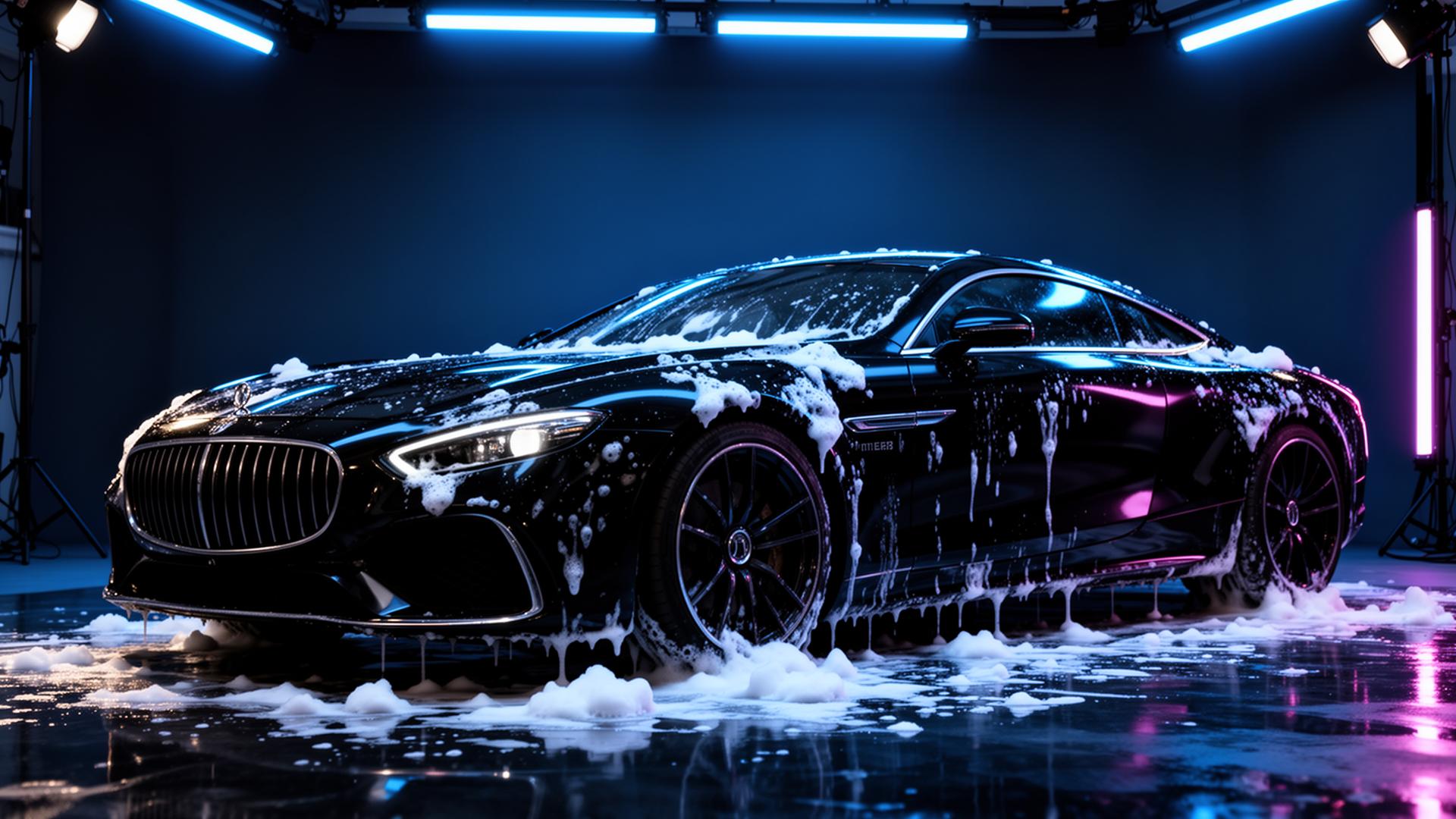 Luxury black car with foam under blue lights in detailing studio Tampa